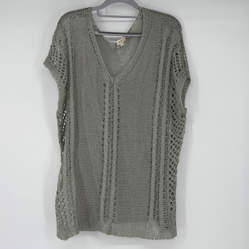 POL Oversized Sage Green Open Knit Crochet V-Neck Poncho Top Large